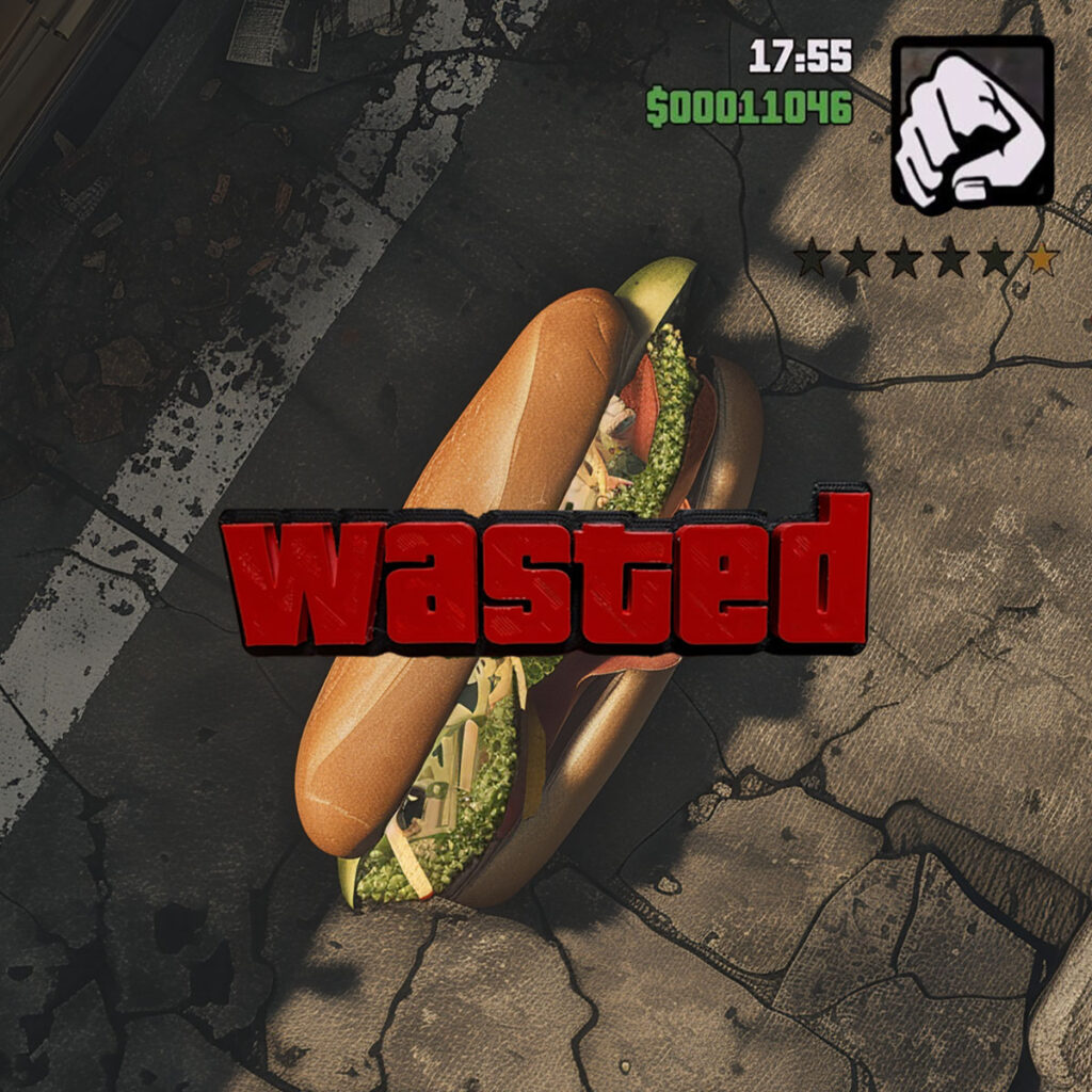 Sandwich overlaid with the word "wasted" in a video game style
