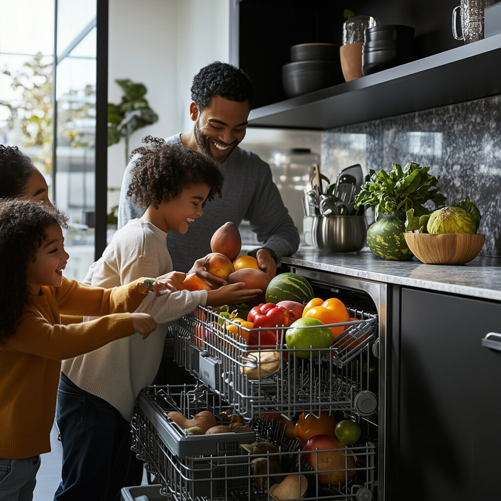 Family filling dishwasher with vegetables