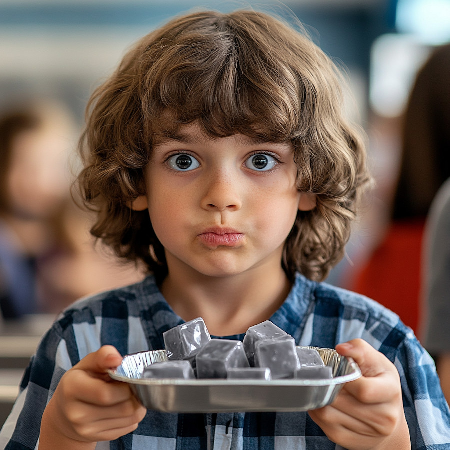 Child holding tray with gray gelatin cubes