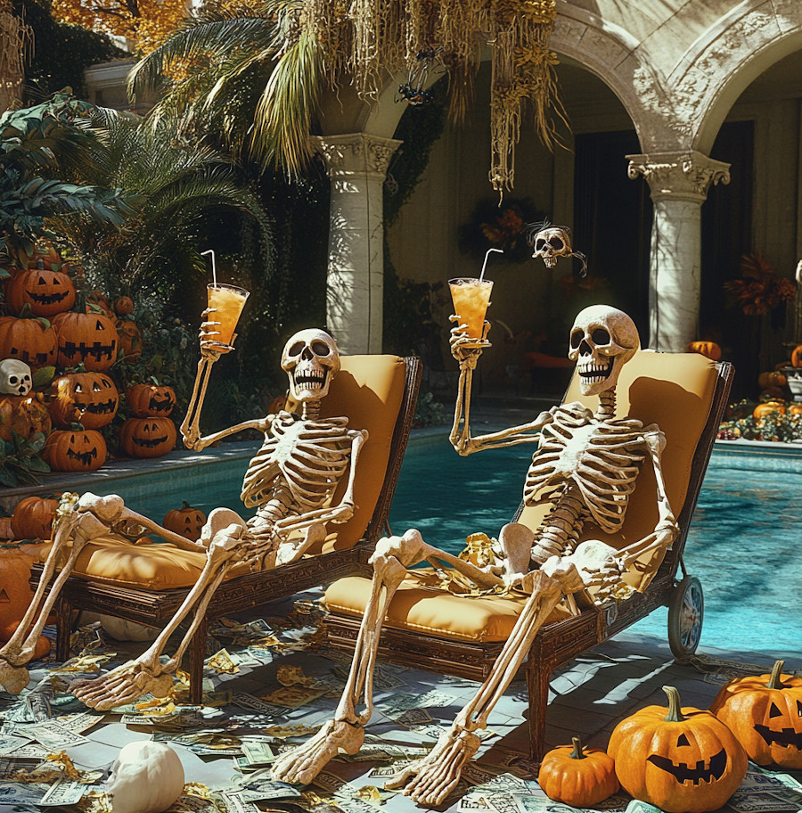 Skeletons enjoying pumpkin spice lattes poolside