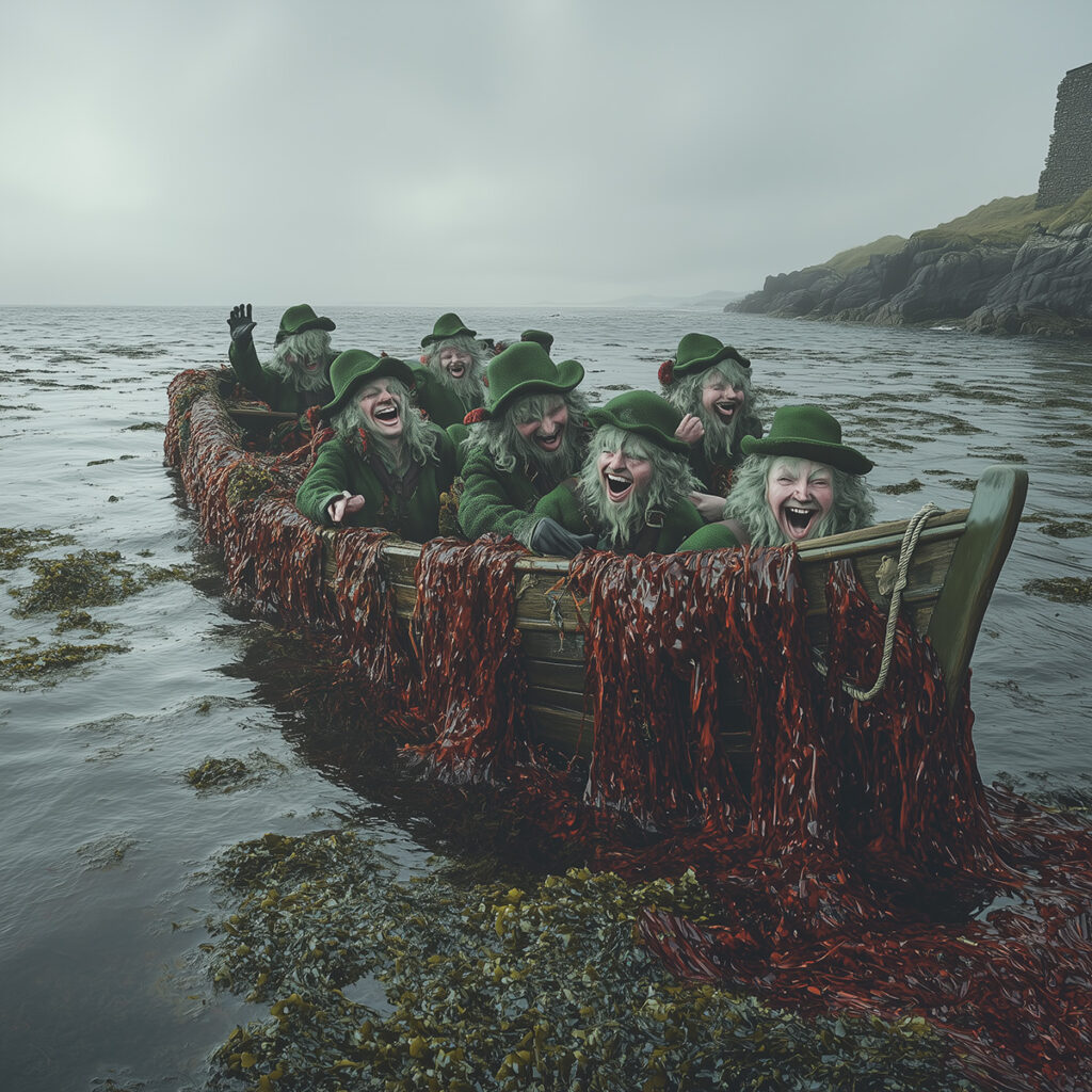 Leprechauns in boat covered in red moss