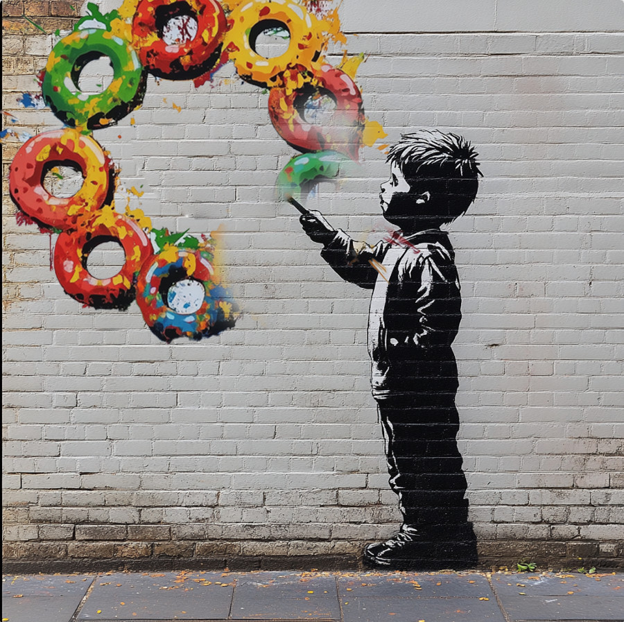 Boy painting colorful circle-shaped cereal