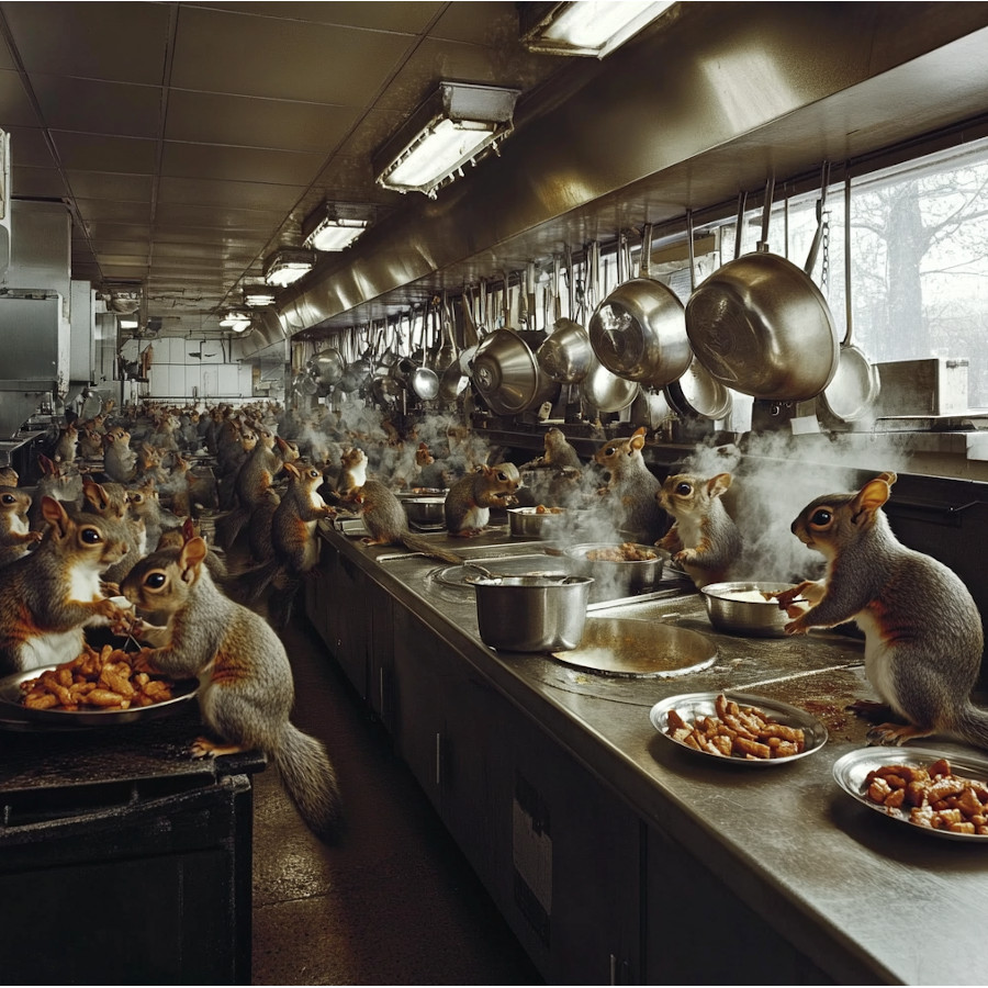 Squirrels running a commercial kitchen