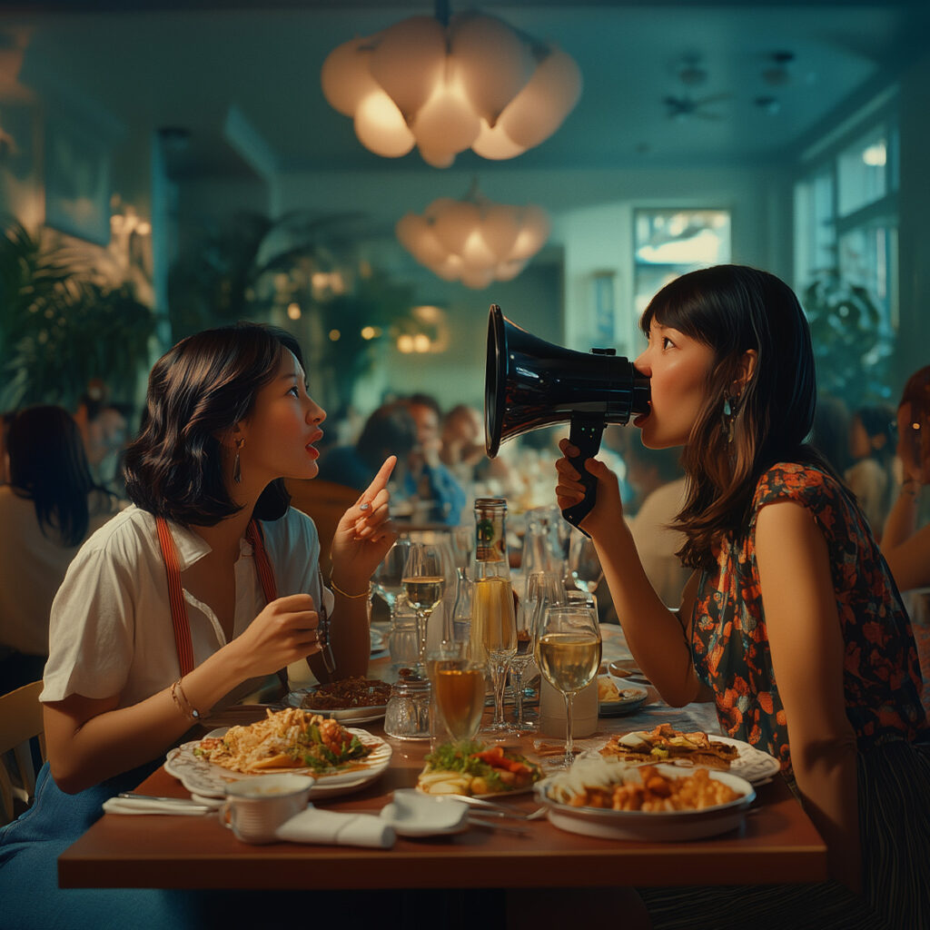 Woman with megaphone talking to another woman at restaurant