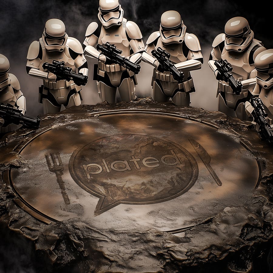 Plated logo frozen in carbonite with stormtroopers standing over it